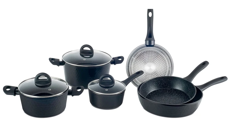 Batteria di Pentole 9 Pezzi in Alluminio Antiaderente Induzione Effetto Pietra Villa du0026#39;Este Home Tivoli Martellato Nero