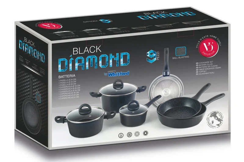 Batteria di Pentole 9 Pezzi in Alluminio Antiaderente Induzione Effetto Pietra Villa du0026#39;Este Home Tivoli Martellato Nero