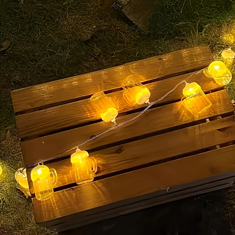 Novelty String Lights Beer Mug with Warm LED for Outdoor Patio and Battery Operated Decor