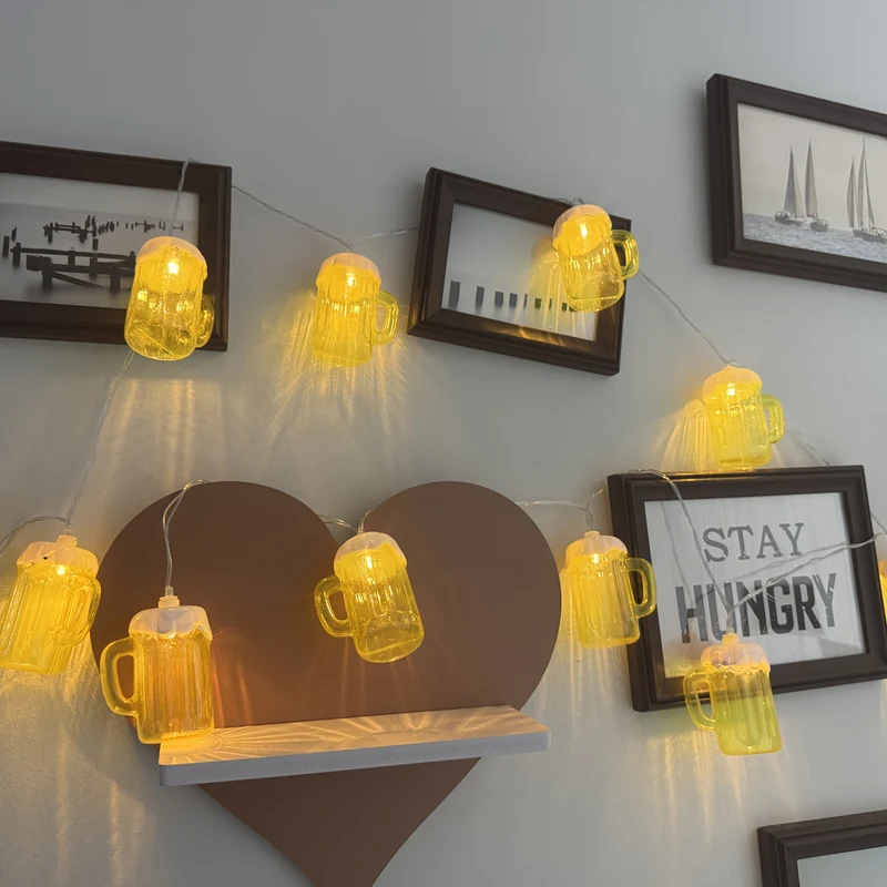 Novelty String Lights Beer Mug with Warm LED for Outdoor Patio and Battery Operated Decor