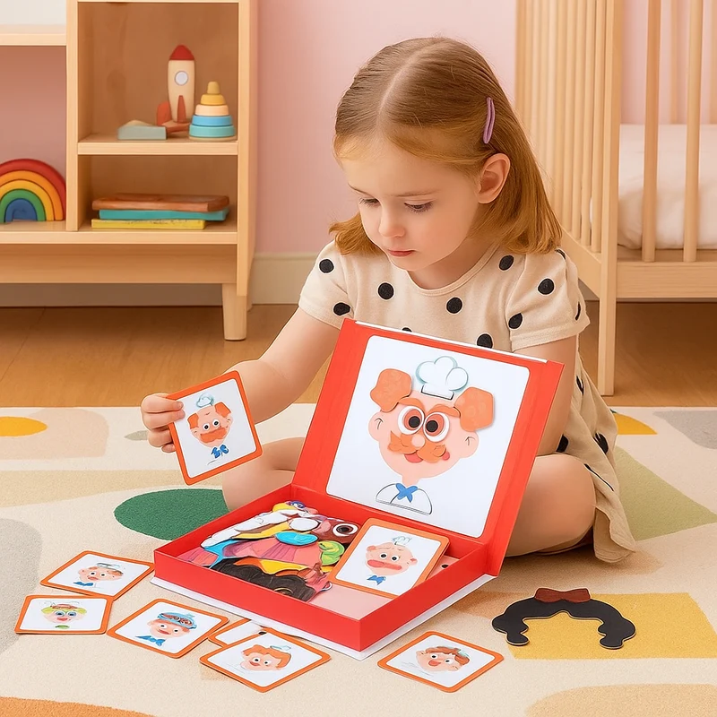 Magnetic Face Puzzle Book with Colorful Pieces and Reference Cards for Kids