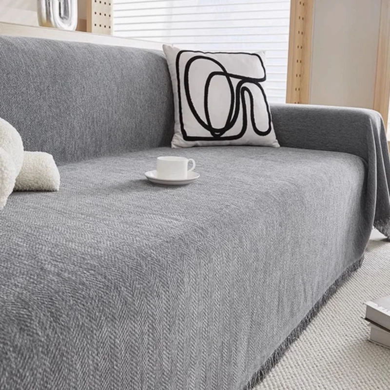 Sofa Throw Blanket with Herringbone Weave and Fringed Edges