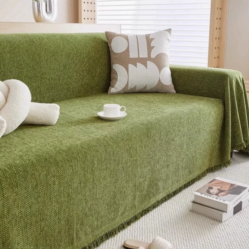 Sofa Throw Blanket with Herringbone Weave and Fringed Edges