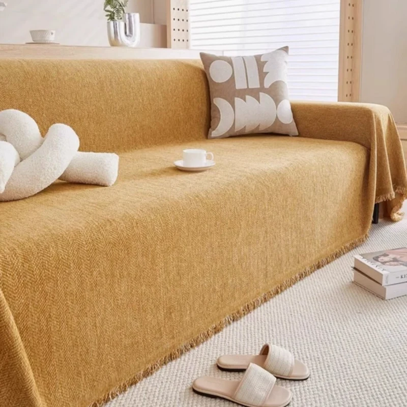 Sofa Throw Blanket with Herringbone Weave and Fringed Edges