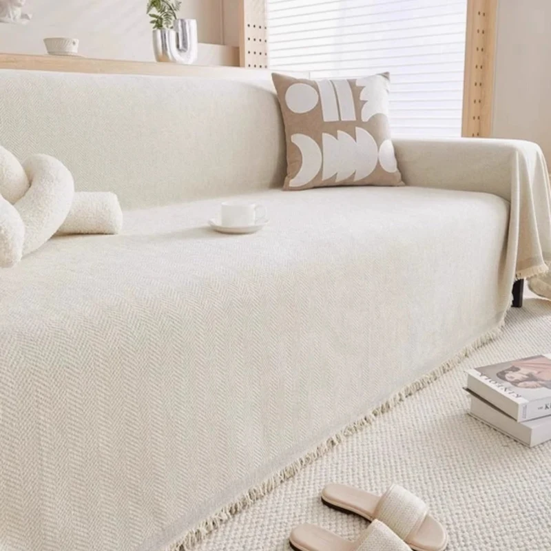 Sofa Throw Blanket with Herringbone Weave and Fringed Edges
