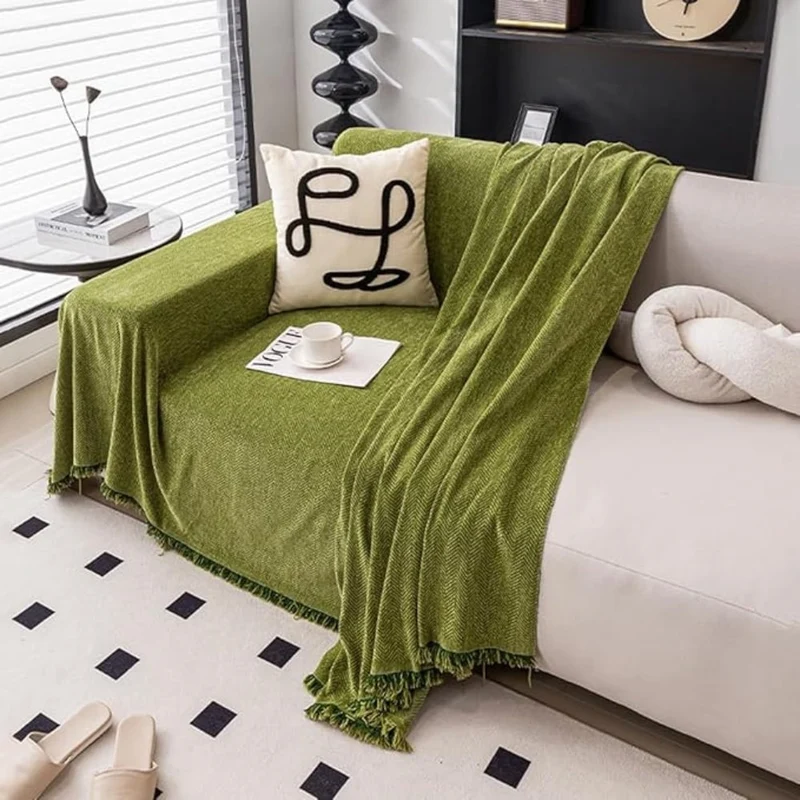 Sofa Throw Blanket with Herringbone Weave and Fringed Edges