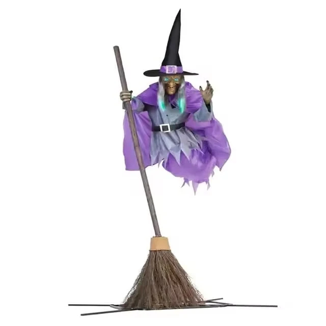 Life-Size Outdoor Halloween Witch Decoration with Flying Broomstick and LED Eyes
