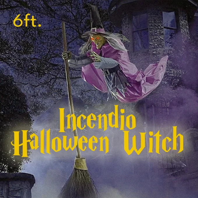 Life-Size Outdoor Halloween Witch Decoration with Flying Broomstick and LED Eyes