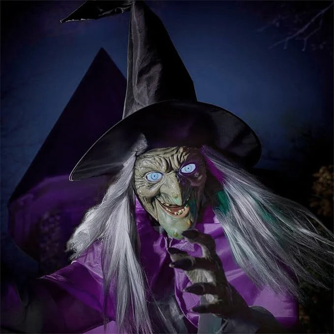 Life-Size Outdoor Halloween Witch Decoration with Flying Broomstick and LED Eyes