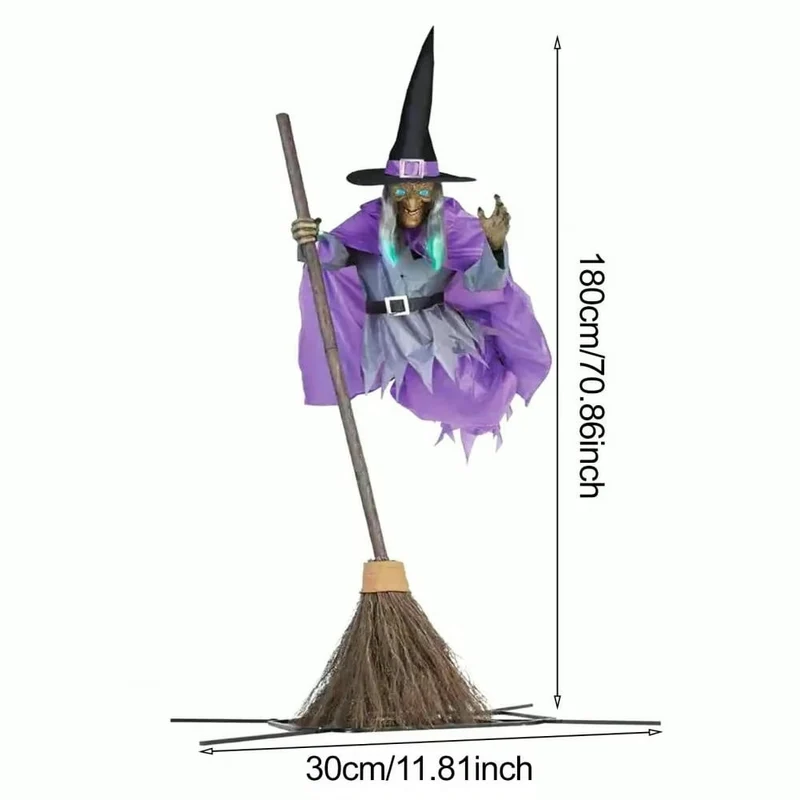 Life-Size Outdoor Halloween Witch Decoration with Flying Broomstick and LED Eyes