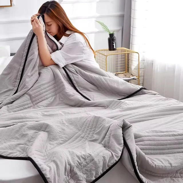 Cooling Throw Blanket with Channel-Quilted Design and Contrast Border