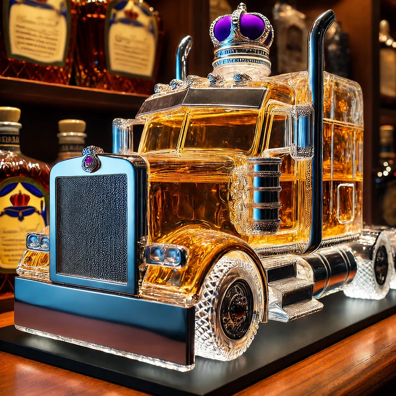 Whiskey Decanter Semi-Truck Shaped Glass with Chrome Accents and Removable Stopper