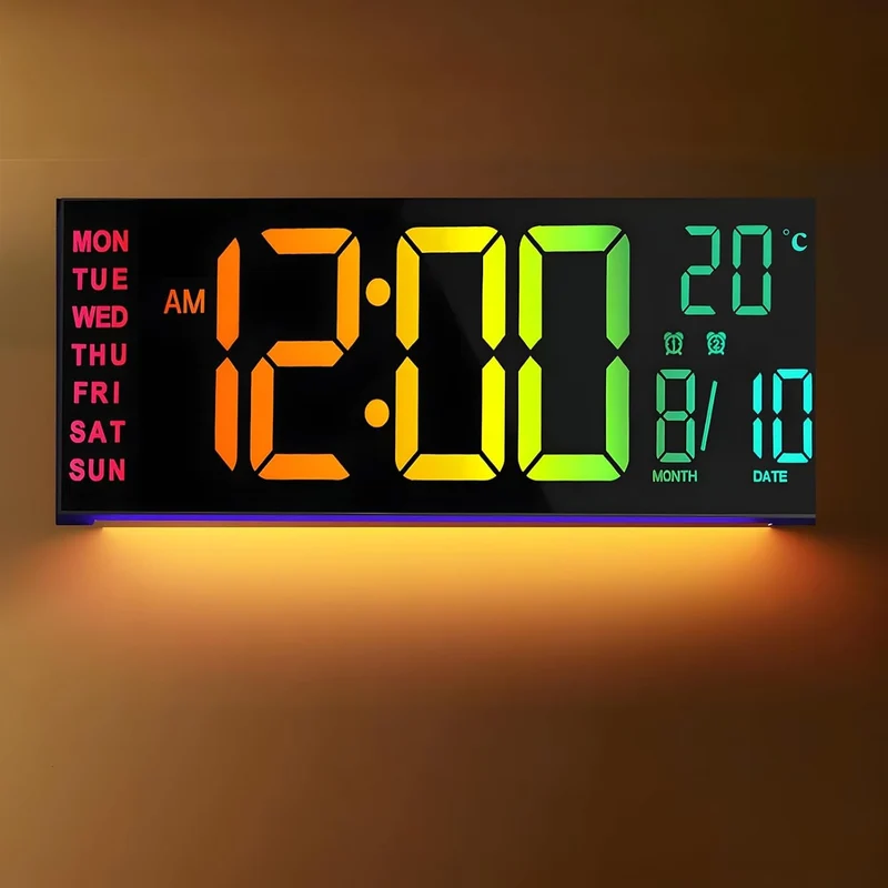 Large LED Digital Wall Clock with Rgb Color Display and Dual Alarm