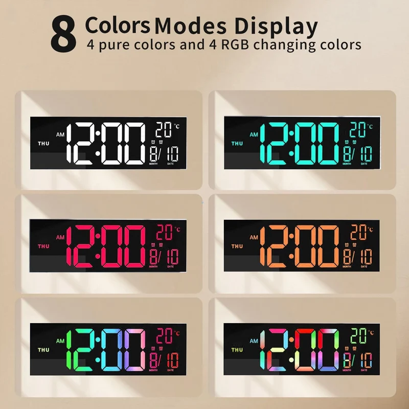 Large LED Digital Wall Clock with Rgb Color Display and Dual Alarm