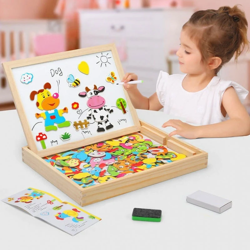 Magnetic Puzzle Board with Double-Sided Chalkboard and Whiteboard