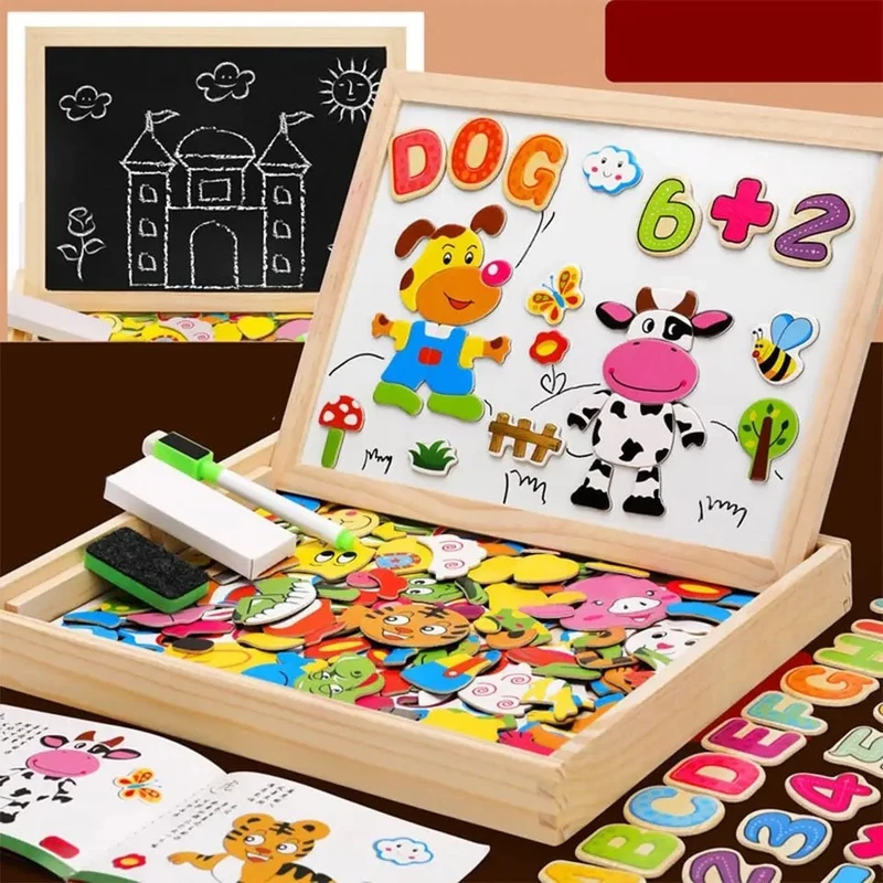 Magnetic Puzzle Board with Double-Sided Chalkboard and Whiteboard