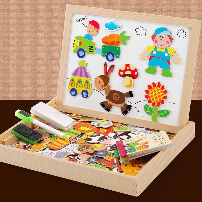 Magnetic Puzzle Board with Double-Sided Chalkboard and Whiteboard