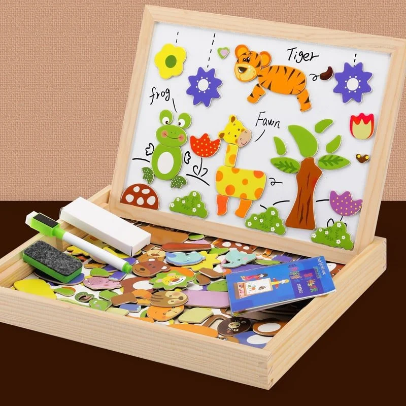 Magnetic Puzzle Board with Double-Sided Chalkboard and Whiteboard