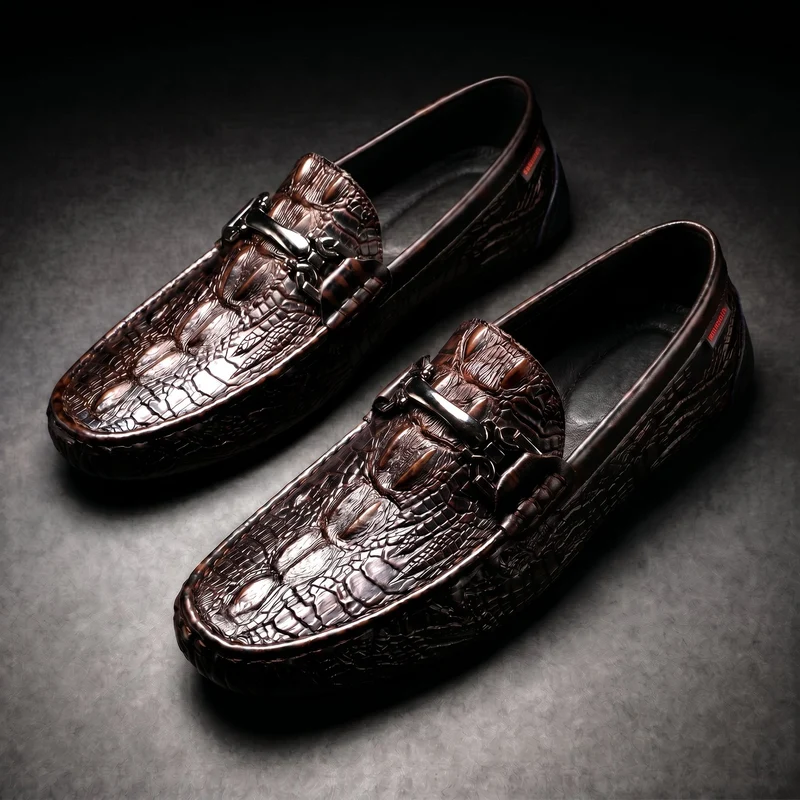 Men's Slip on Loafers with Crocodile Embossed Leather and Metal Bit Driving Sole