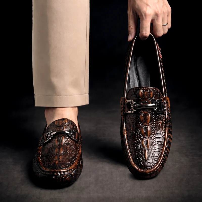Men's Slip on Loafers with Crocodile Embossed Leather and Metal Bit Driving Sole