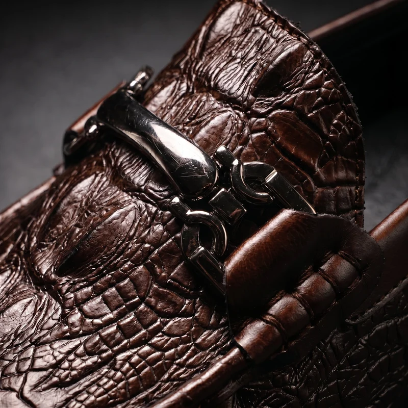 Men's Slip on Loafers with Crocodile Embossed Leather and Metal Bit Driving Sole