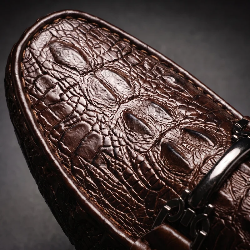 Men's Slip on Loafers with Crocodile Embossed Leather and Metal Bit Driving Sole