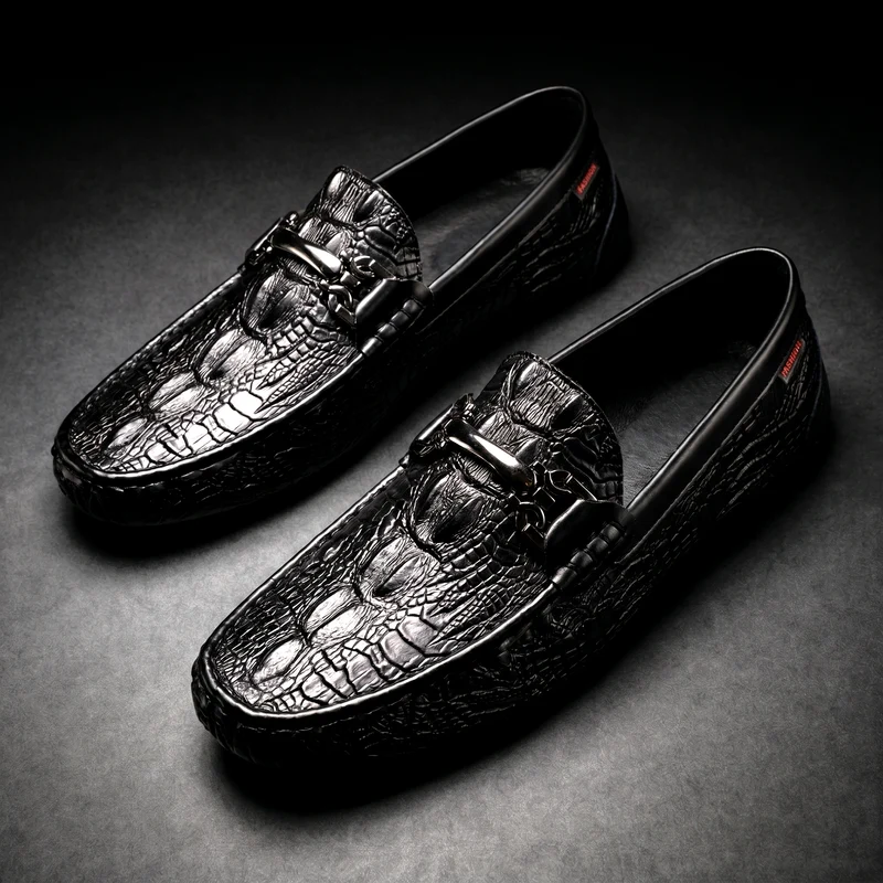 Men's Slip on Loafers with Crocodile Embossed Leather and Metal Bit Driving Sole