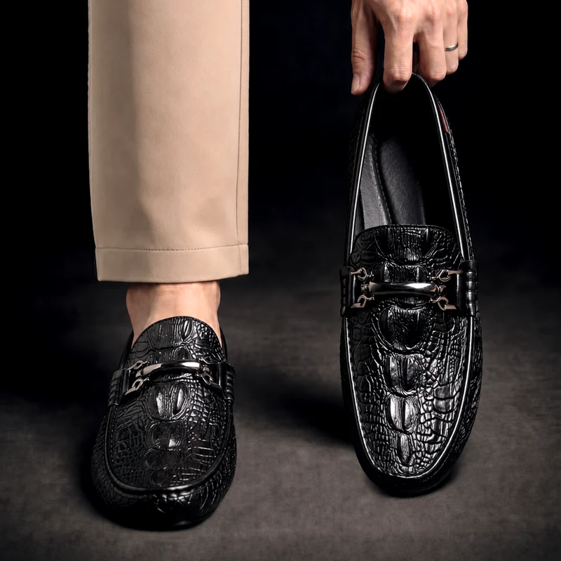 Men's Slip on Loafers with Crocodile Embossed Leather and Metal Bit Driving Sole