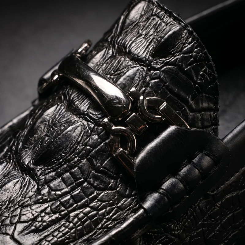 Men's Slip on Loafers with Crocodile Embossed Leather and Metal Bit Driving Sole