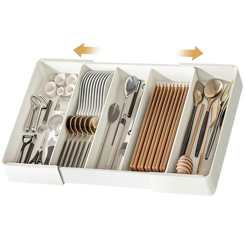 Cutlery Drawer Organizer with Expandable Plastic Tray for Kitchen Utensil Storage
