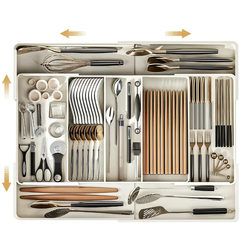 Cutlery Drawer Organizer with Expandable Plastic Tray for Kitchen Utensil Storage