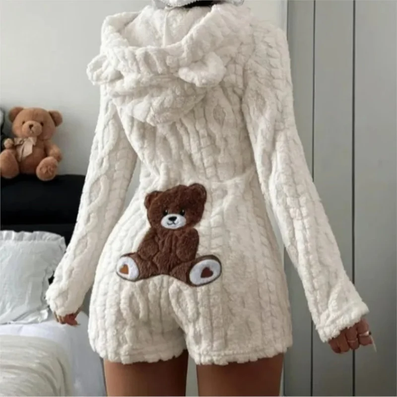 Fleece Romper with Long Sleeves Hooded Neckline and Teddy Bear Patch