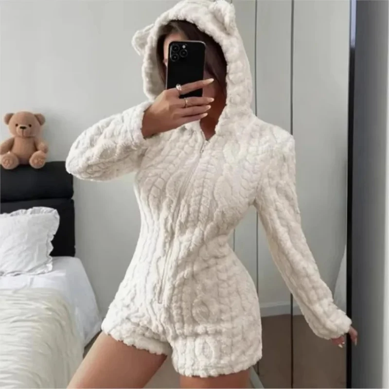 Fleece Romper with Long Sleeves Hooded Neckline and Teddy Bear Patch