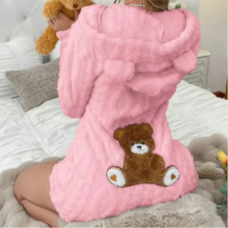 Fleece Romper with Long Sleeves Hooded Neckline and Teddy Bear Patch