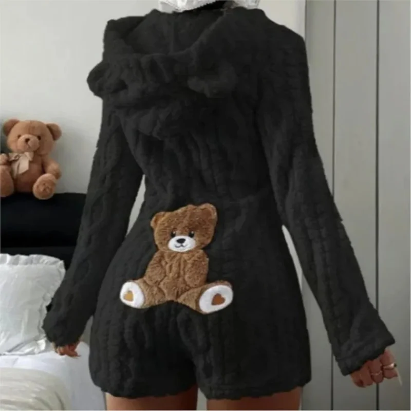 Fleece Romper with Long Sleeves Hooded Neckline and Teddy Bear Patch