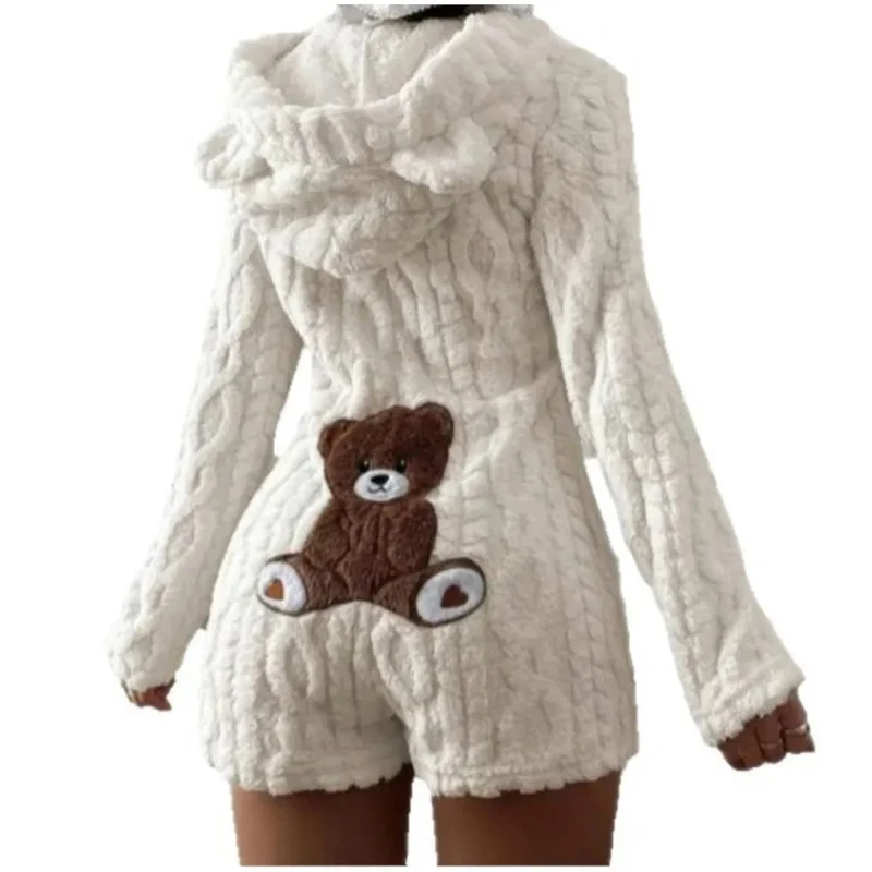 Fleece Romper with Long Sleeves Hooded Neckline and Teddy Bear Patch