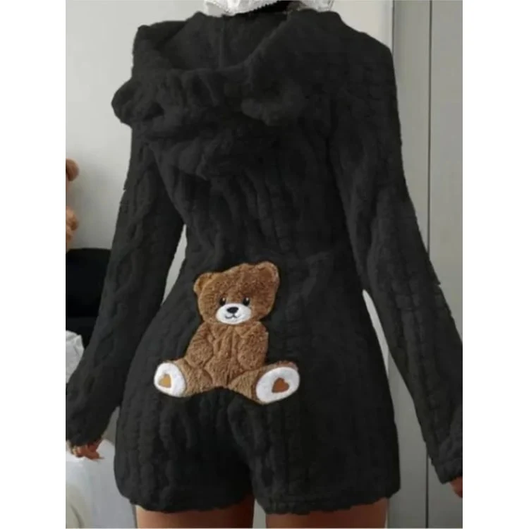 Fleece Romper with Long Sleeves Hooded Neckline and Teddy Bear Patch
