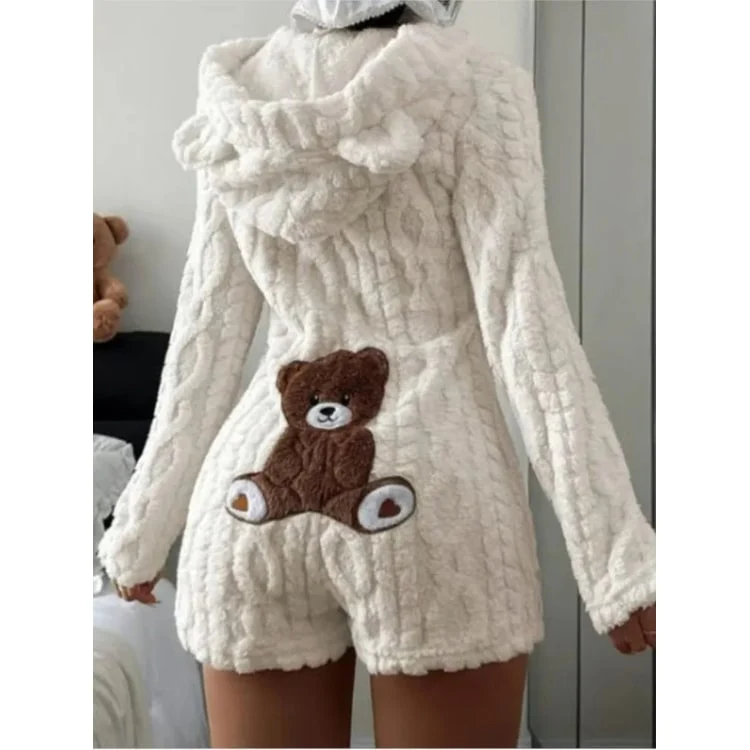 Fleece Romper with Long Sleeves Hooded Neckline and Teddy Bear Patch