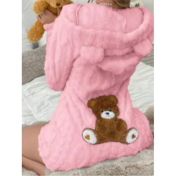 Fleece Romper with Long Sleeves Hooded Neckline and Teddy Bear Patch