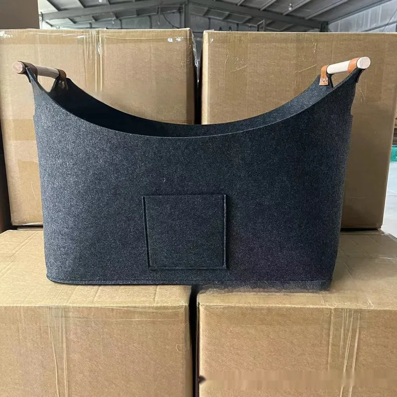 Felt Storage Basket with Wooden Handles and Leather Straps for Firewood