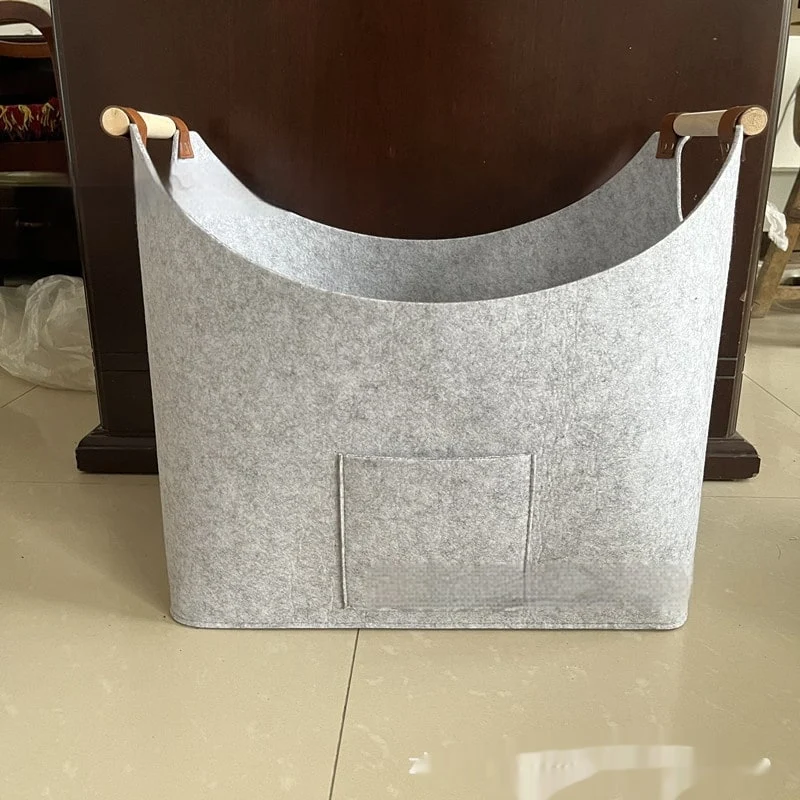 Felt Storage Basket with Wooden Handles and Leather Straps for Firewood