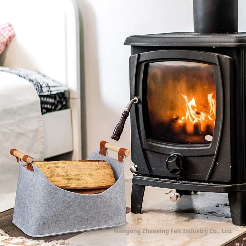 Felt Storage Basket with Wooden Handles and Leather Straps for Firewood