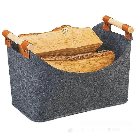 Felt Storage Basket with Wooden Handles and Leather Straps for Firewood
