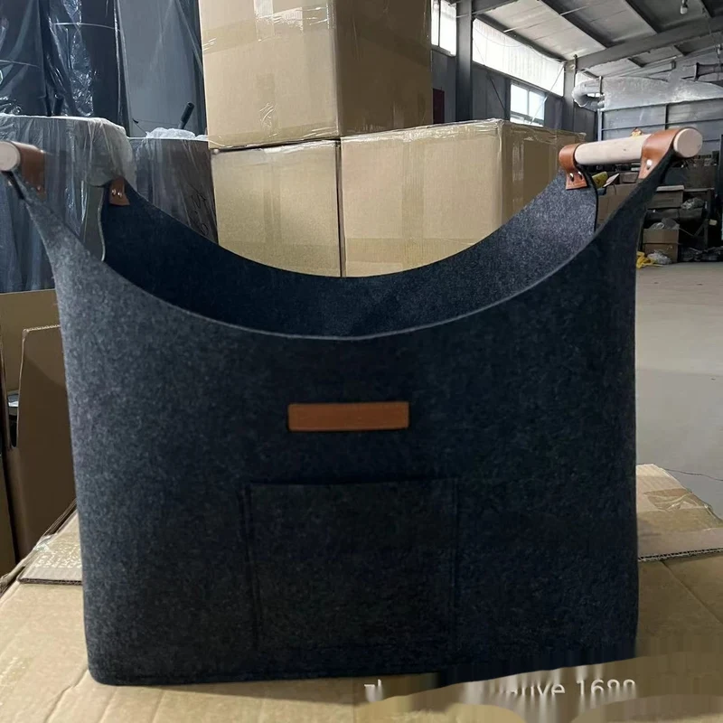 Felt Storage Basket with Wooden Handles and Leather Straps for Firewood