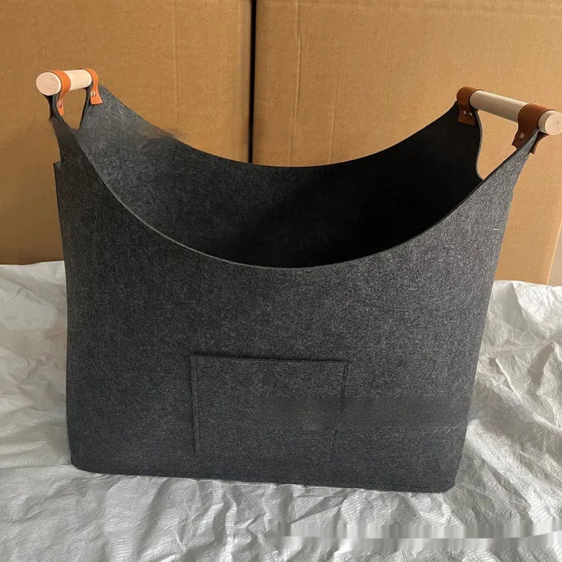 Felt Storage Basket with Wooden Handles and Leather Straps for Firewood