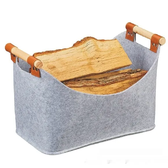 Felt Storage Basket with Wooden Handles and Leather Straps for Firewood