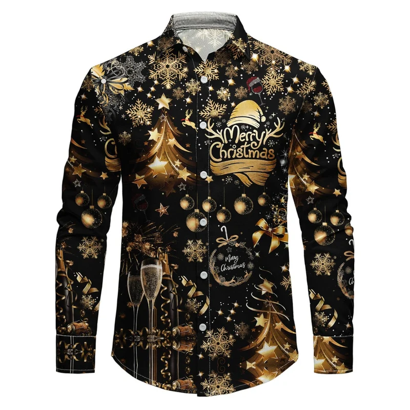 Men's Christmas Shirt with Spread Collar Long Sleeve Button Down Holiday Print