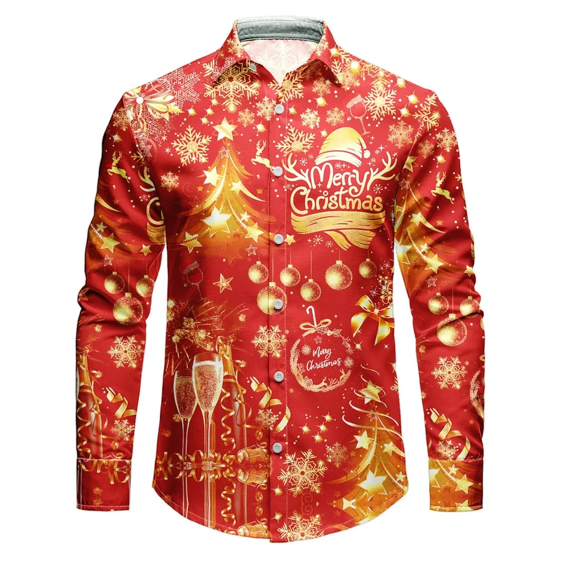 Men's Christmas Shirt with Spread Collar Long Sleeve Button Down Holiday Print