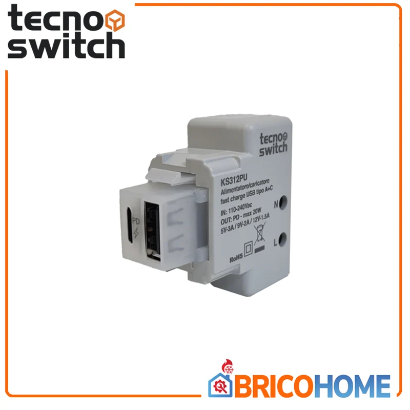 Tecno Switch alimentatore caricatore USB tipo A+C 20W 5V KS312PU Keystone