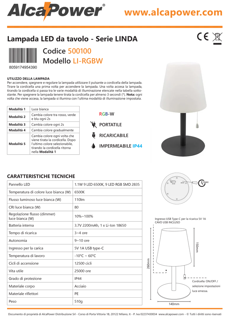 Lampada LED da tavolo ricaricabile dimmerabile RGB+White Linda - Alcapower
